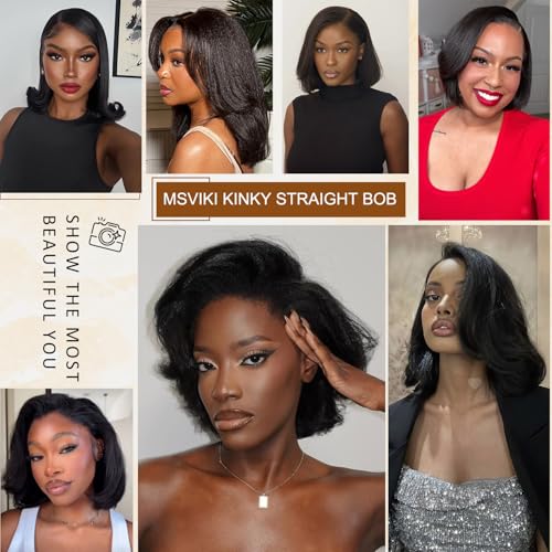 4C Edges Baby Hair Yaki Bob Wig Human Hair Glueless Side Part Short Kinky Straight Human Hair Wig Thick End UHD 13x4 Lace Front Wig Pre-Bleached Natural Color Brazilian Virgin Hair 12"