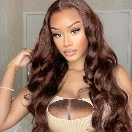 32 Inch Chocolate Brown Body Wave Glueless Wig Human Hair Pre Plucked Pre Cut Glueless Lace Front Wig Ready to Wear 6x4 Body Wave 180% Density Closure Wig Natural Hairline #4 Colored Wig