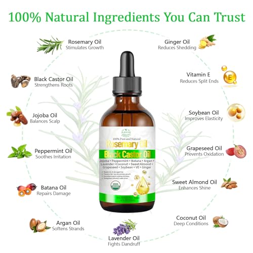 Organic Rosemary Oil for Hair Growth, Rosemary Oils with Castor ? USDA Certified Cold Pressed Blend Hair Oil for Thicker, Fuller Hair, Soothe Itchy Scalp & Repair Damaged Hair ? 4 fl oz