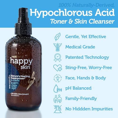 Happy Skin Hypochlorous Acid Spray for Face Travel Size ? Extra Strength Natural Full Body Cleansing Toner for Acne ? Soothe, Hydrate & Repair Dry, Sensitive Skin ? pH Balanced, Non-Toxic 2oz