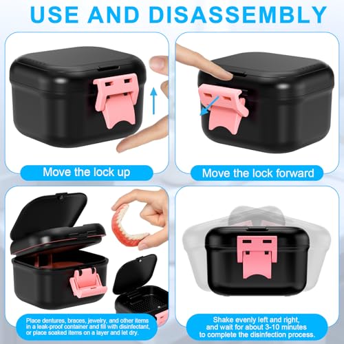 Leak Proof Denture Case, Travel Denture Cup for Soaking Dentures & Retainer, Retainer Cleaner Case, Upgraded Double-Layer False Teeth Container with Strainer, Black+Pink.