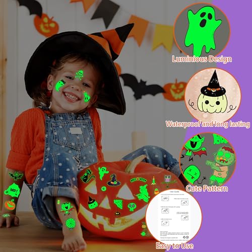 145 Styles Halloween Tattoos for Kids, 12PCS Halloween Luminous Tattoos, Glow in Dark Ghosts Pumpkin Fake Temporary Tattoos Stickers Bulk for Halloween Party Favors Accessories Supplies
