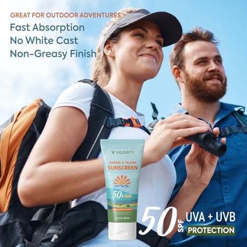 Beef Tallow Sunscreen with Zinc Oxide: Natural Non-Toxic SPF 50 Tallow Sunblock Cream for Face & Body - with 10 Food-Grade Botanical Extracts (SPF 50 (Pack of 2))