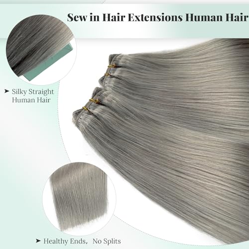 12 Inch Silver Grey Weft Sew in Hair Extensions Real Human Hair Weft Bundles, Hand Tied Silver Gray Sew in Weft Human Hair Extensions, 80G Per Bundle with Thick Full Ends