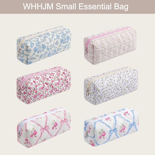 Cute Floral Makeup Brush Bag Small Cotton Quilted Cosmetic Bag for Women Travel Toiletry Zipper Make Up Pouch (Blue Floral)