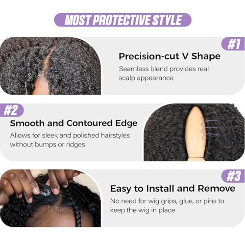 OQ Hair V Part Wig Human Hair Afro Curly Upgrade U Part With Adjustable Drawstring 180% Density V Shape Clip In Half Wig For Women Natural Color 20 Inch
