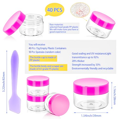 MotBach 40Pack 15g Small Plastic Cosmetic Containers with Lids, 15gram Plastic Makeup Containers Jars with Spatulas, 15ml Sample Jars Travel Size Containers for Toiletries Lip Balm Cream Slime Lotion