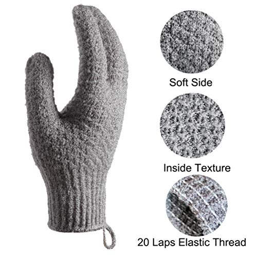 Bath Exfoliating Gloves - 4 Pcs Lengthened and Large Scrubbing Gloves for Shower, Spa, Massage - Scrub Mitts for Body, Face, Hand and Foot (Black and Gray)