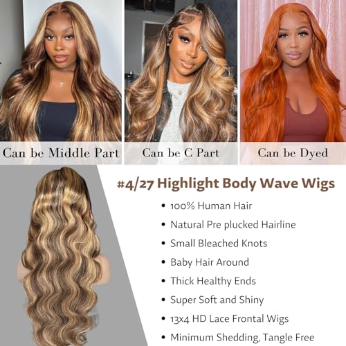 26 Inch 180% Density Ombre Lace Front Wig Human Hair 13x4 HD Transparent Body Wave Lace Front Wigs Human Hair 4/27 Colored Honey Blonde Lace Front Wig Human Hair Highlight Glueless Wigs
