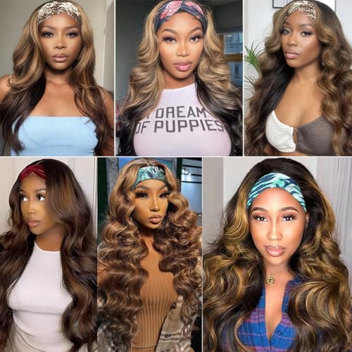 Headband Wig Human Hair Highlight Ombre Body Wave Headband Wig 30 Inch #4/27 Honey Blonde Brazilian Glueless Wig None Lace Front Wigs for Black Women 150% Density