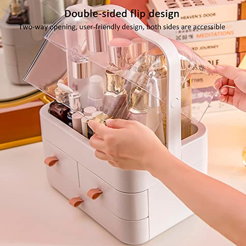 "Makeup Organizer, Dustproof Cosmetic Storage Box with Portable Handle & Fully Open Waterproof Lid for Bathroom Countertop Bedroom Dresser(White)"
