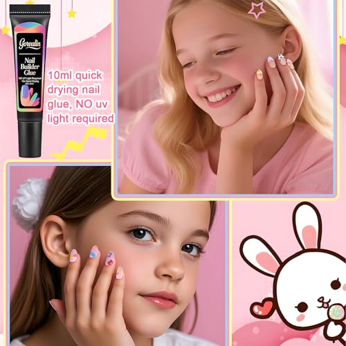 6 Packs Press-On Fake Nails for Kids - Gorvalin 144pcs Full Cover Glue On Nails for Kids French Flower Patterns for Girls Ages 7-12 Nail Art - Includes Nail Adhesive Tabs & Builder Glue