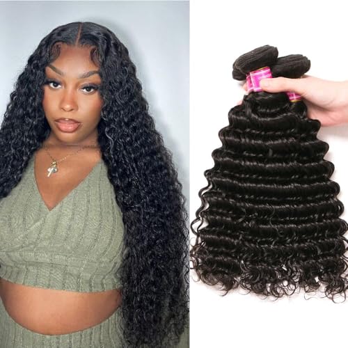 12A Deep Wave Bundles Human Hair Wet and Wavy Bundles 100% Unprocessed Brazilian Virgin Human Hair Weave 3 Bundles Deep Curly Bundles Remy Human Hair Extension Natural Black Color 22 24 26 Inch