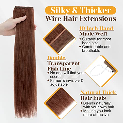 Benehair Human Hair Extensions Thick Ends Invisible Wire Real Human Hair with 2 Fish Lines Thicker Hairpieces 20inch 110g Dark Auburn Hair Extensions Straight Thicker Hairpieces for Women #33