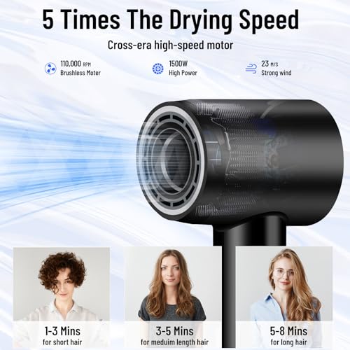 Hair Dryer - 110000 RPM High-Speed Brushless Motor Negative Ionic Blow Dryer for Fast Drying,Low Noise Thermo-Control Hair Dryer with Nozzle with Tri-Colour LED Light Ring, for Home and Travel