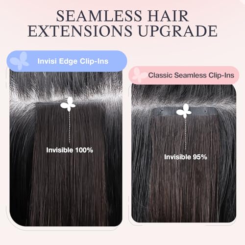 DOORES Invisible Clip in Hair Extensions 18 inch 110g 7pcs, Real Human Hair Invisi Edge Clip in Extensions, Virgin PU Clipins Straight Thickening Hairstyle, 4/27/4 Chocolate Brown to Caramel Blonde