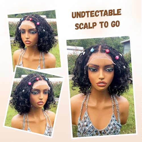 Munx Boho Braided Bob Wig Deep Curly 5x5 Lace Closure with Braided Bob Wigs HD Lace Front Pre Plucked 100% Human Hair 200% Density Square Knotless Boho Box Braiding Wig for Black Women 12in