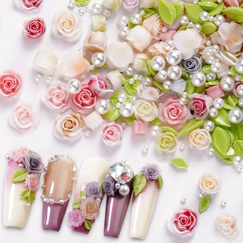 100pcs 3D Camellias Rose Flower Nail Art Charms with Nail Pearls Cute Leaves Flower Nail Charms for Acrylic Nails Colorful Nail Flowers for Nails Charms Floral Nail Charm Resin Charms for Nails Design
