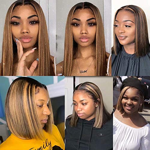 Hair 4/27 Ombre Brown Honey Blonde Short Bob Wig 13x4 Lace Front Human Hair Wig Natural Hairline Pre Plucked With Baby Hair Brazilian Remy Virgin Hair 150 Density 10 Inch
