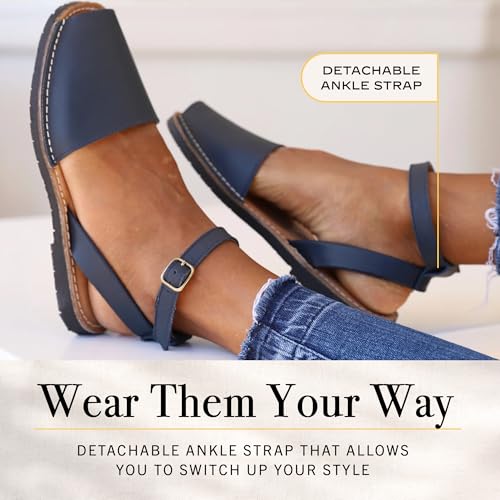 The Spanish Sandal co Classic Ankle Strap Sandals for Women, Dressy, Soft Leather, Removable Ankle Strap Flats for Women, Casual Flat Sandals