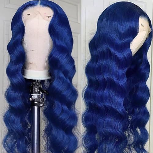 28 Inch Royal Blue Lace Front Human Hair 13x6 Lace Front Wigs Dark Blue Body Wave Wigs Pre Plucked with Baby Hair Dark Blue Colored Glueless Wig 200% Density
