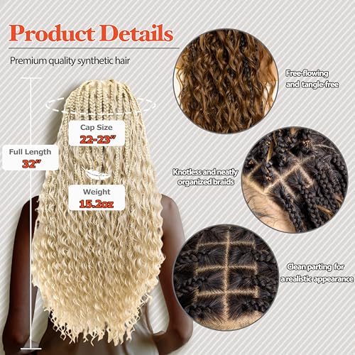 Gypsy Boho Box Braided Wig - Synthetic Knotless Braided Wigs for Black Women - Full Lace Square Parted, Glueless Wig with Natural Baby Hair (#613 Platinum Blonde, 32")