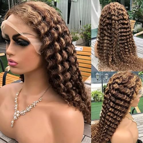 Ombr? Lace Front Wig Human Hair 4/27 Honey Blonde Highlight Curly Lace Front Wig Human Hair 13x4 Hd Lace Frontal Wigs 180% Density Deep Wave Frontal Wig 26 Inch
