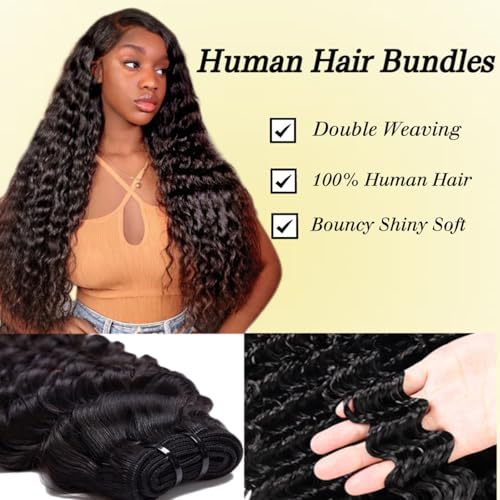 Human Hair Bundles 20 22 24 Inch Deep Wave Bundle 12A Brazilian 100% Unprocessed Virgin Human Hair 3 Bundles Deep Curly Wet and Wavy Human Hair Quick Weave Extensions for Women Natural Black