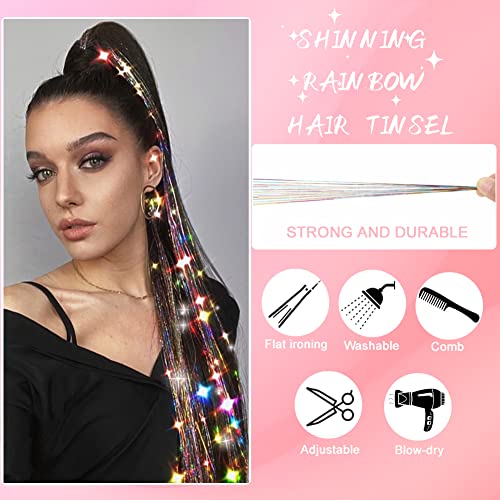 Hair Tinsel Kit with Tools 48 Inch 1200 Strands Colorful Tinsel Hair Extensions Fairy Hair Tinsel Kit Heat Resistant Sparkling Glitter Tensile Hair Accessories for Girls Women Kids