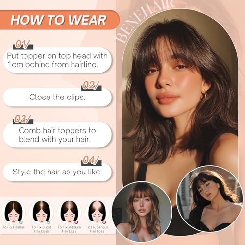 Benehair Hair Toppers for Women Real Human Hair 360¡Æ3D Clip in Bangs Toppers with Bang for Thinning 150% Density Hairpieces Long Coverage Wiglet for Daily Use #04 Medium Brown 14Inch