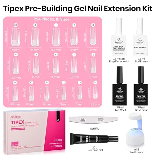 Beetles Tipex Instant Apex Nail Tips Kit, Square Long, 224pcs 16 Sizes, with Tipex Nail Glue, Dehydrator, Primer, Base & Top Coat, Mini UV Lamp, Pre-Building Kit
