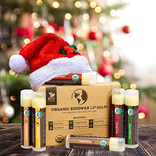 Earth's Daughter USDA Organic Lip Balm 6-Pack - Fruit Flavors, Beeswax, Coconut Oil, Vitamin E - Best Lip Repair Chapstick for Dry Cracked Lips - Moisturizing Lip Care