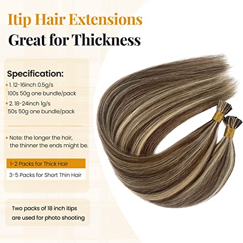 Hair Extensions Real Human Hair I Tip Extensions Bleach Blonde Highlighted Medium Brown Human Hair Extensions for Women 24 Inch Long Straight Brown and Blonde I Tips 50s 50g