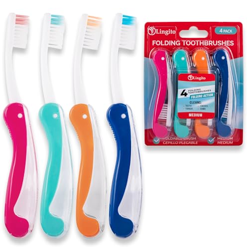 Lingito Travel Toothbrushes - Medium, Mini with Cover, Camping, Folding Travel Size, Adults Kit (4 Pack)