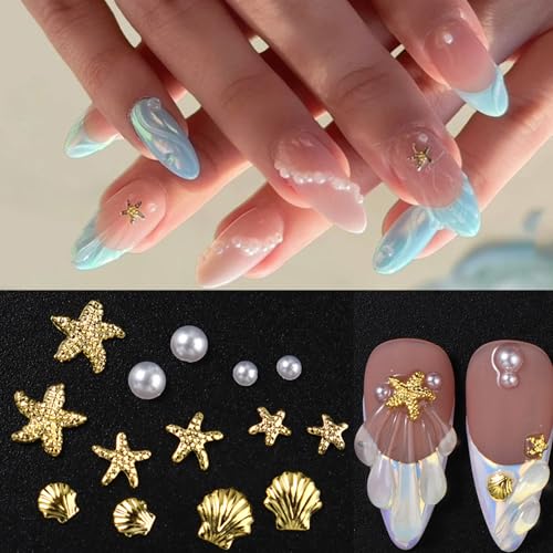 100Pcs Starfish Nail Charms and Gems Summer Ocean Style Nail Art Charms Alloy Seashell Nail Rhinestones Flat Back Pearl Nail Art Rhinestones for Women Beach Vacation Nail Designs Supplies