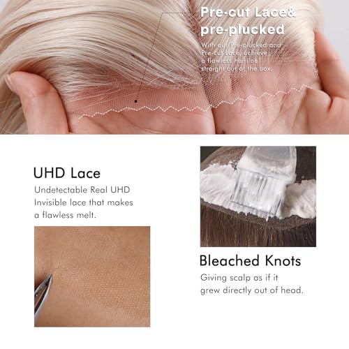 Glueless Full Frontal 200% Density Champagne Blonde 13X4 Human Hair Bob Wig HD Lace Front Breathable Hair Pre Plucked Transparent Lace Front Wigs Human Hair for Women 14Inch