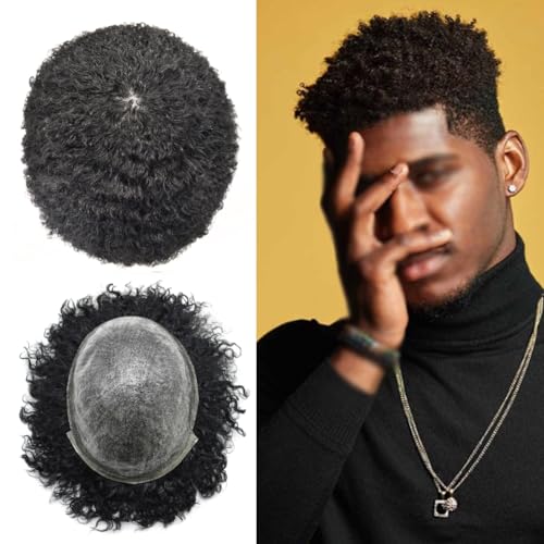 Afro Curly Toupee 0.1mm PU Base Human Hair Units for Black Men African American Afro Wavy Black Mens Hair System Brazilian Hair Wig8"X10"#1B Off Black-8mm Wave