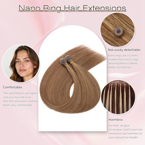 SEGO Nano Bead Hair Extensions Human Hair, 1g/Stand, 50g/pack, Add Volume, Length, and Highlights, Nano Nano Ring Tip Hair Extensions for Women, 16 Inch, Light Brown