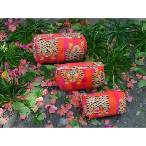 INDACORIFY Tiger Print Makeup Bag Set of 3 Pieces Indian Cotton Toiletry Bag Make up Pouch Travel Bag Quilted Wash Bag Shaving Cotton Cosmetic Kit