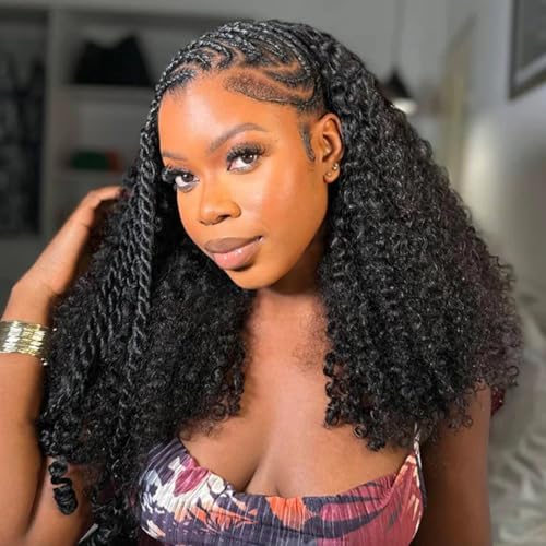 22 Inch Half Wig Human Hair 210 Density Kinky Curly Half Wig for Black Women 3 In 1 Seamless Flip Over Human Hair Half Wig Glueless Wear and Go Beginner Friendly Drawstring Headband Wig Human Hair