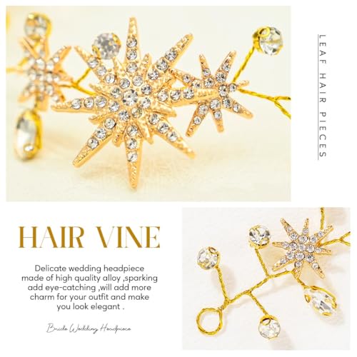 Unicra Star Rhinestone Bride Wedding Vine Gold Bridal Hair Piece Crystal Hair Accessory for Women and Girls (21 Inches) (Gold)