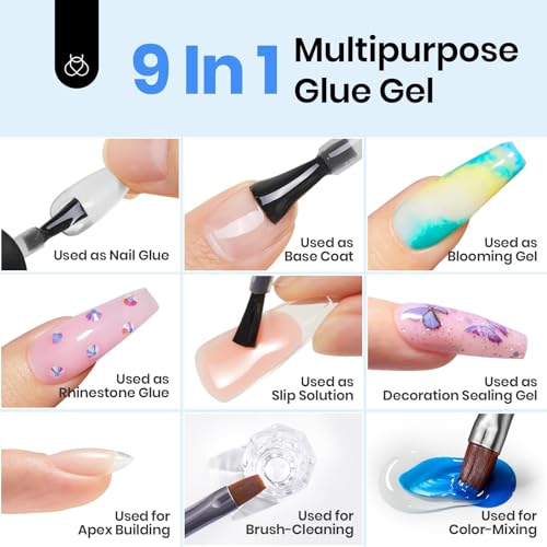 beetles Gel Polish 9 in 1 Gel Nail Glue for Clear Acrylic Nails Tips, Long Lasting Super Strong Brush Nail Glue for Fake Nails, Base Blooming Nail Gel, New Safe Formula, U V Light Cure
