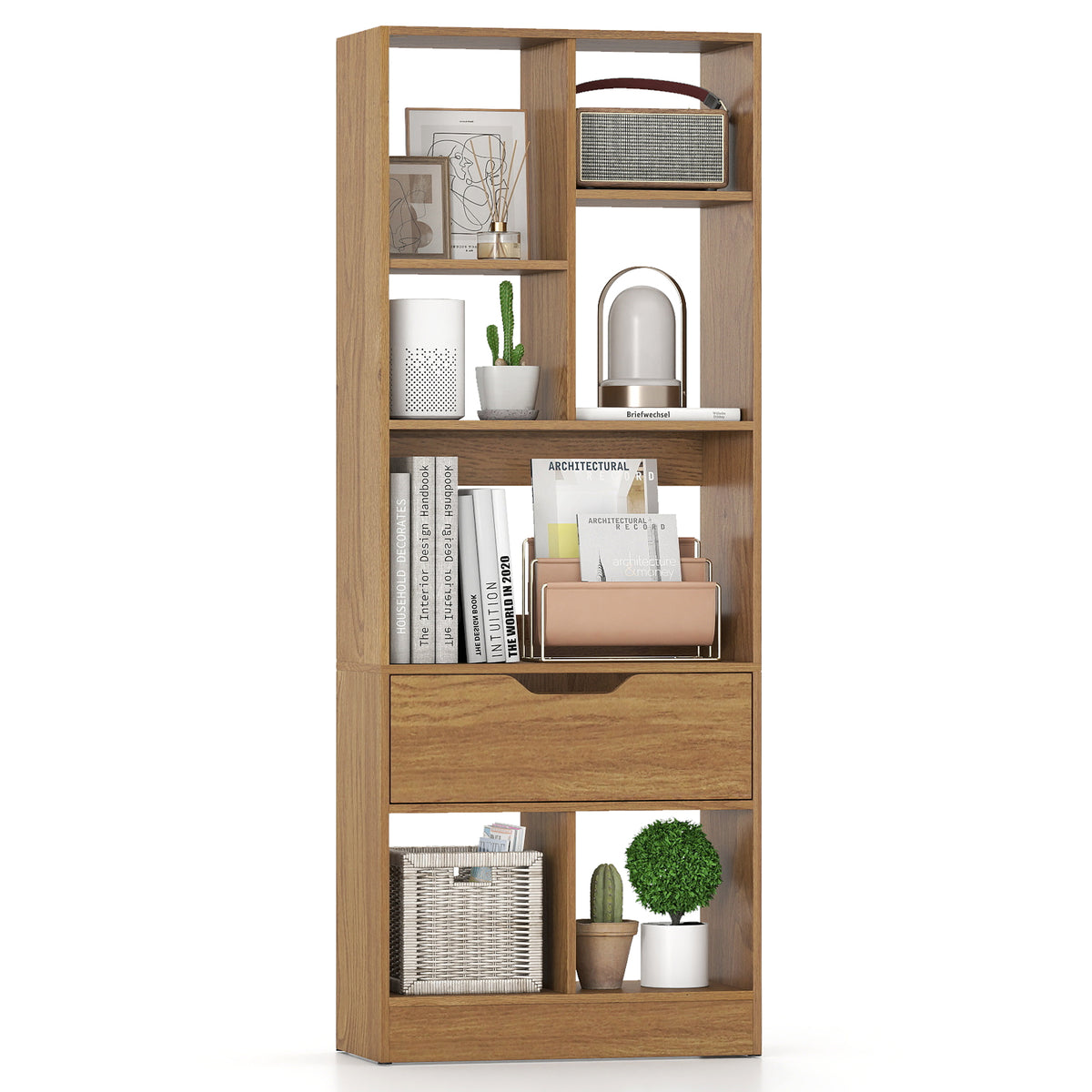 51-Inch Tall Bookcase with 7-Cube Storage & Drawer - Natural