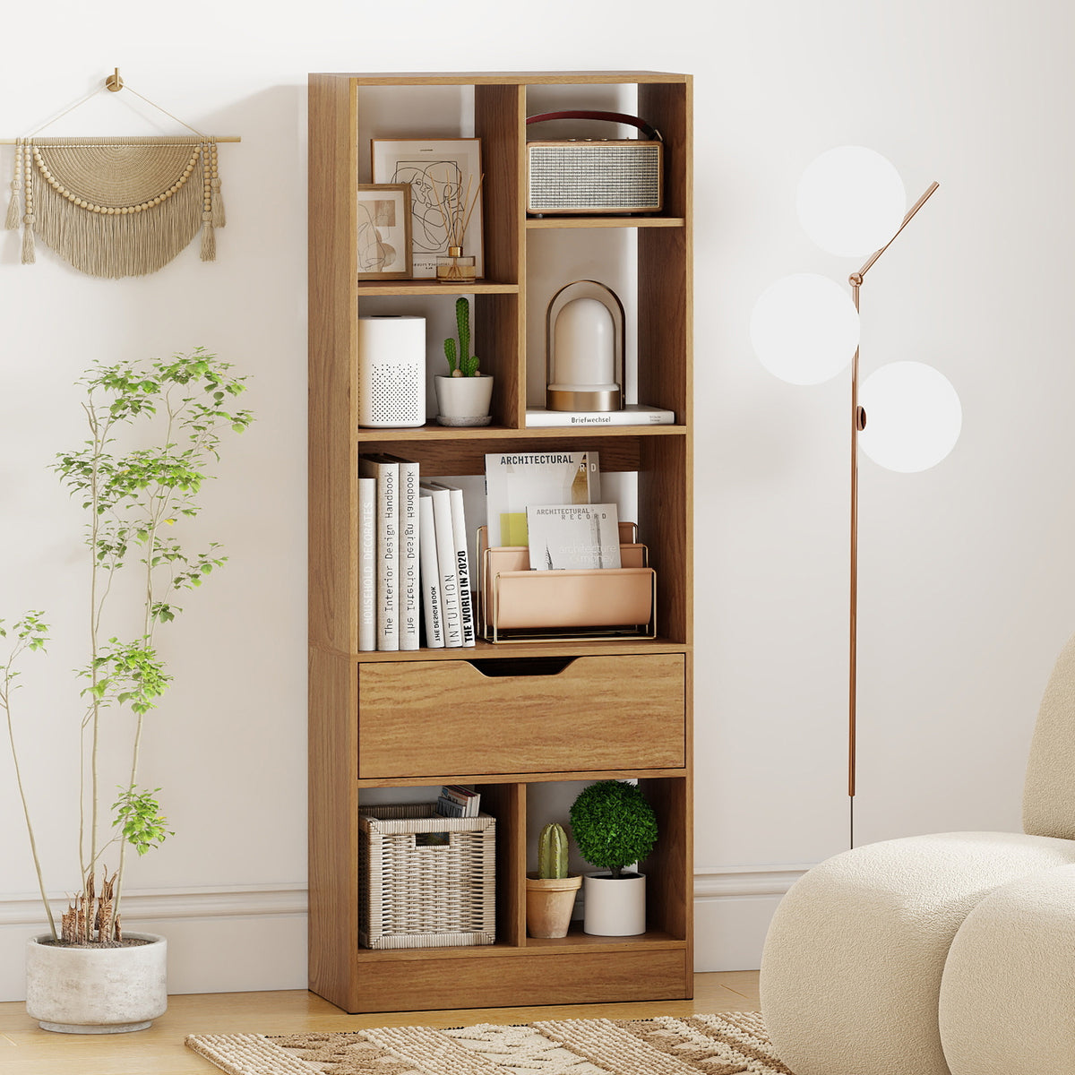 51-Inch Tall Bookcase with 7-Cube Storage & Drawer - Natural