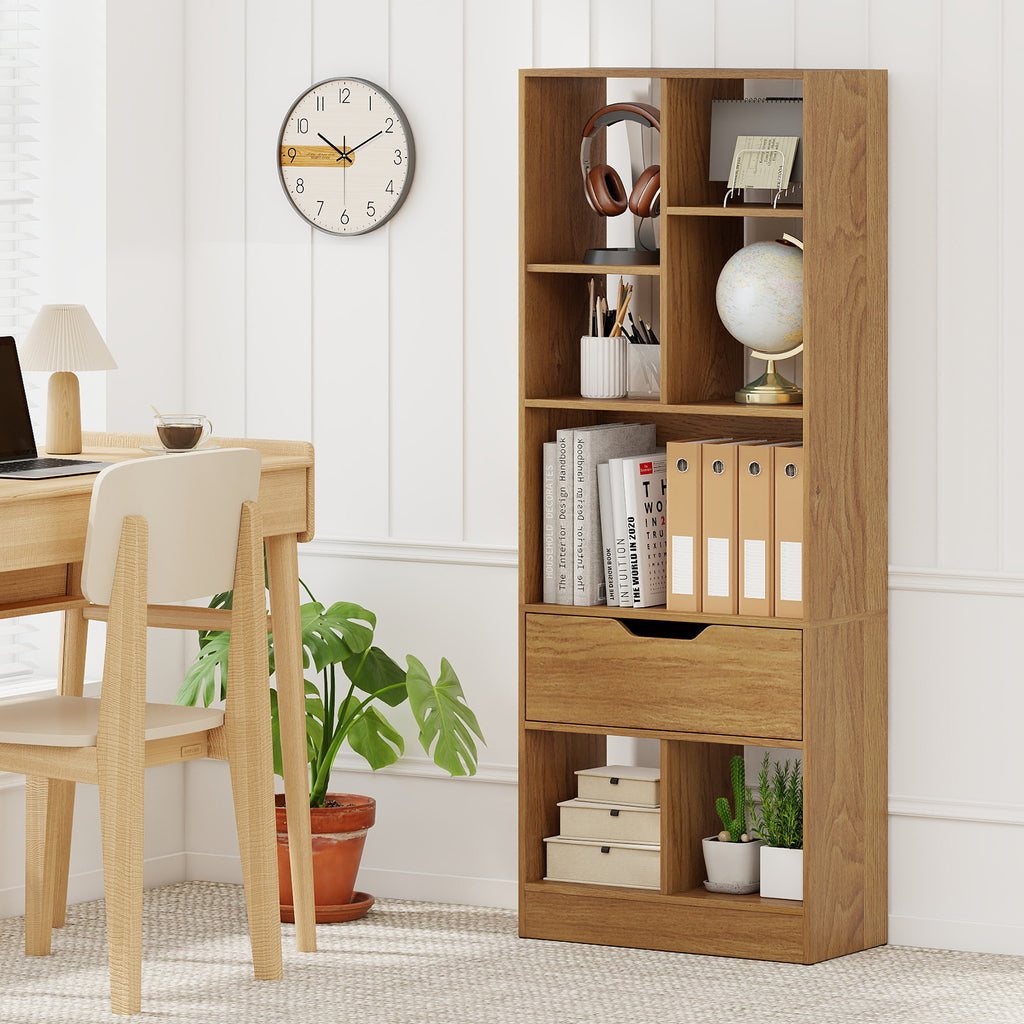 51-Inch Tall Bookcase with 7-Cube Storage & Drawer - Natural
