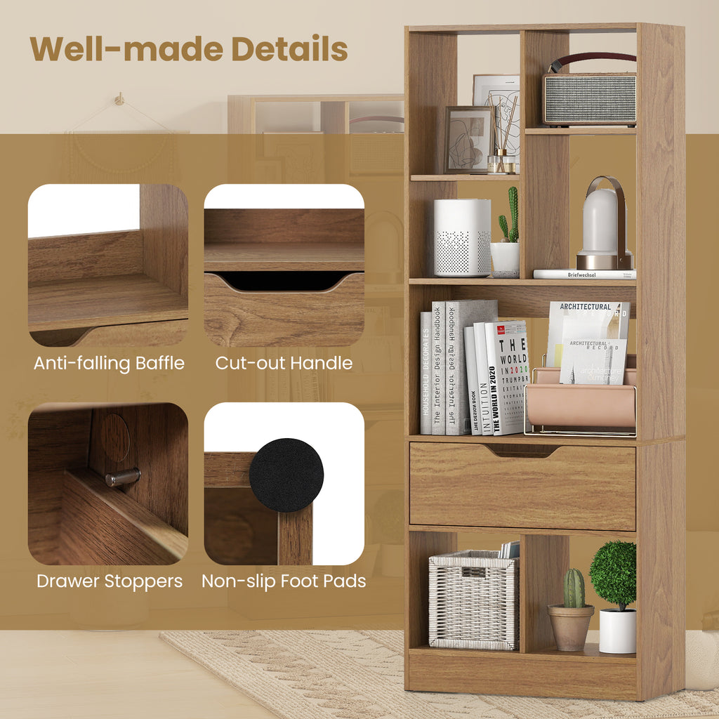 51-Inch Tall Bookcase with 7-Cube Storage & Drawer - Natural
