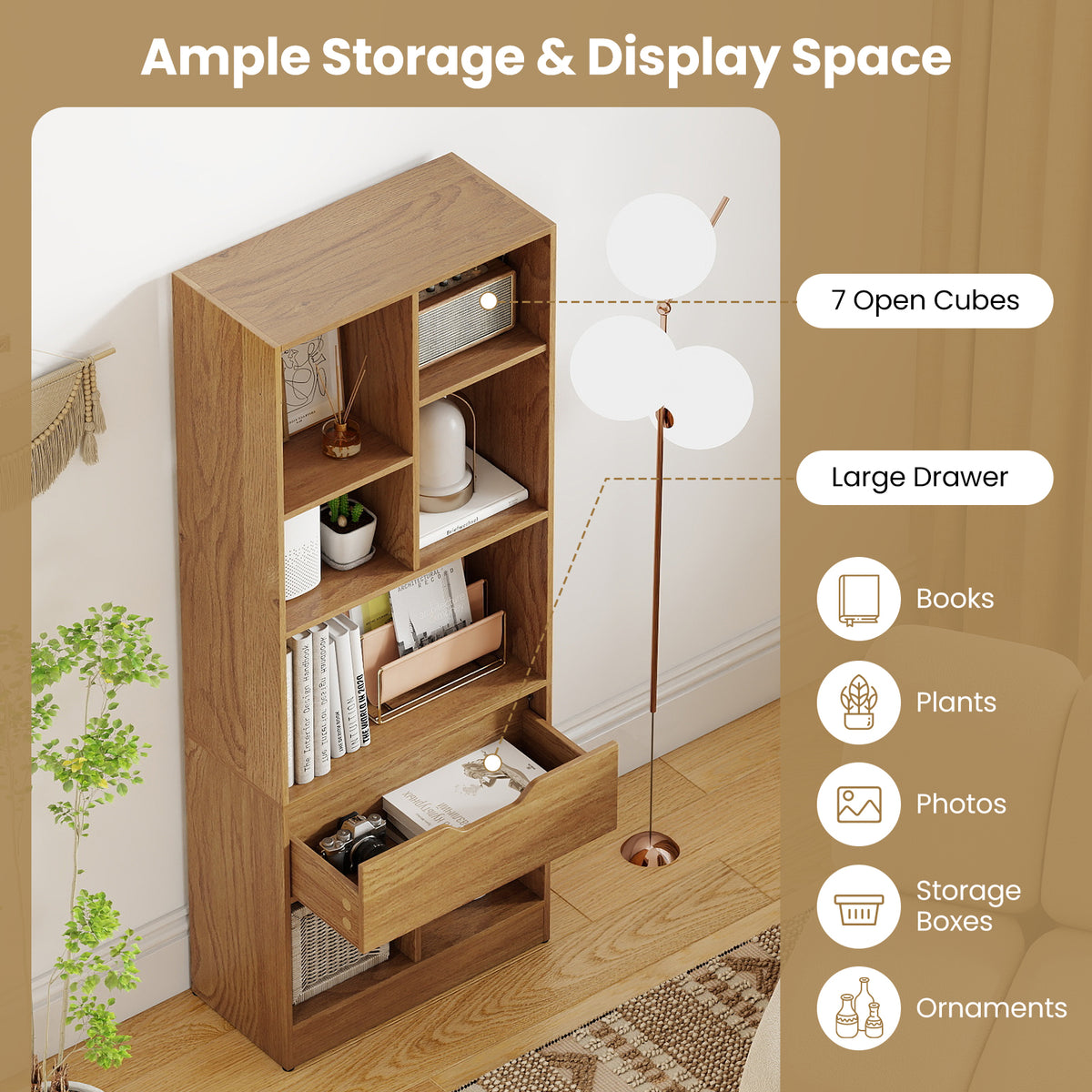 51-Inch Tall Bookcase with 7-Cube Storage & Drawer - Natural