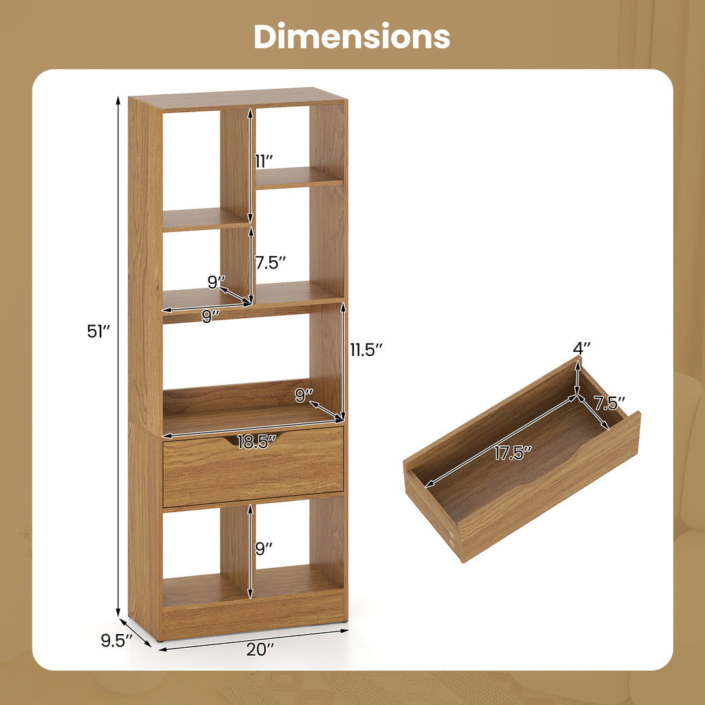 51-Inch Tall Bookcase with 7-Cube Storage & Drawer - Natural
