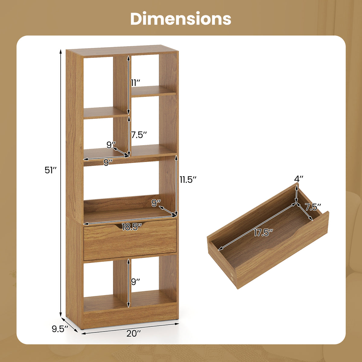 51-Inch Tall Bookcase with 7-Cube Storage & Drawer - Natural