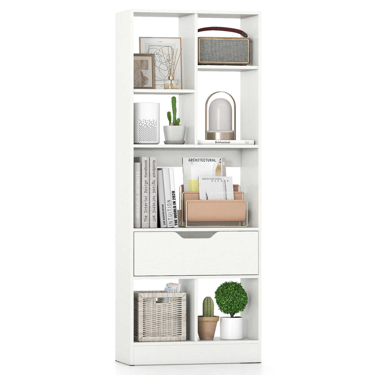 51inch Tall Freestanding Bookcase with Drawer 7-Cube Storage Organizer